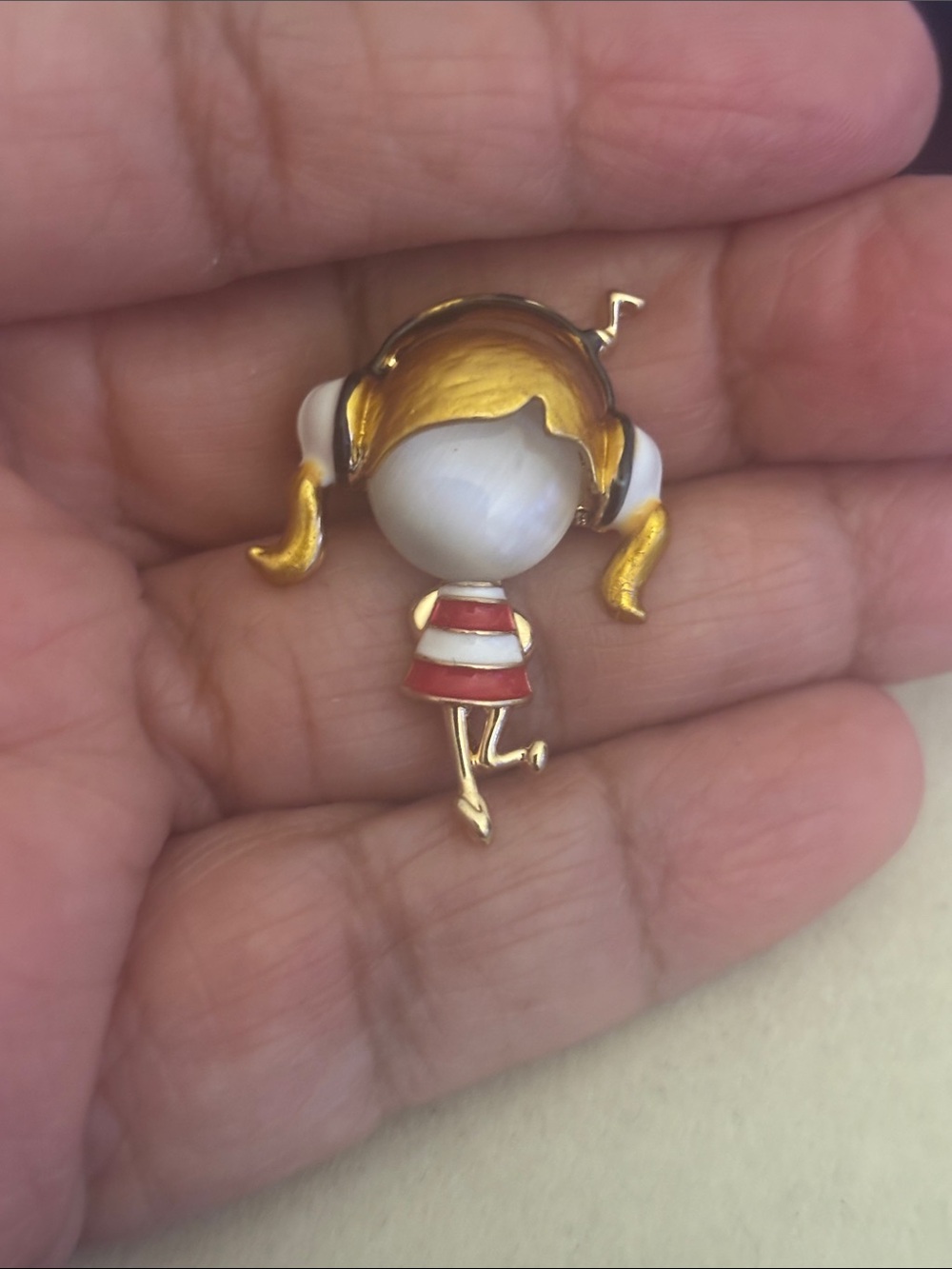 Gold-tone Girl Pin with Red & White Enamel Dress